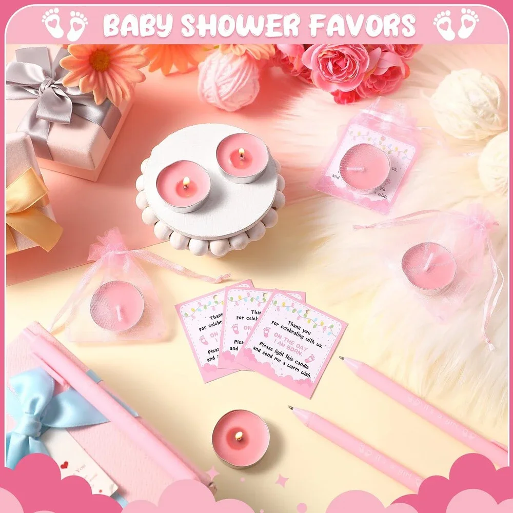 25 Pink Baby Shower Favors/Gender Reveal Candles, Bags, Card and Pens Set